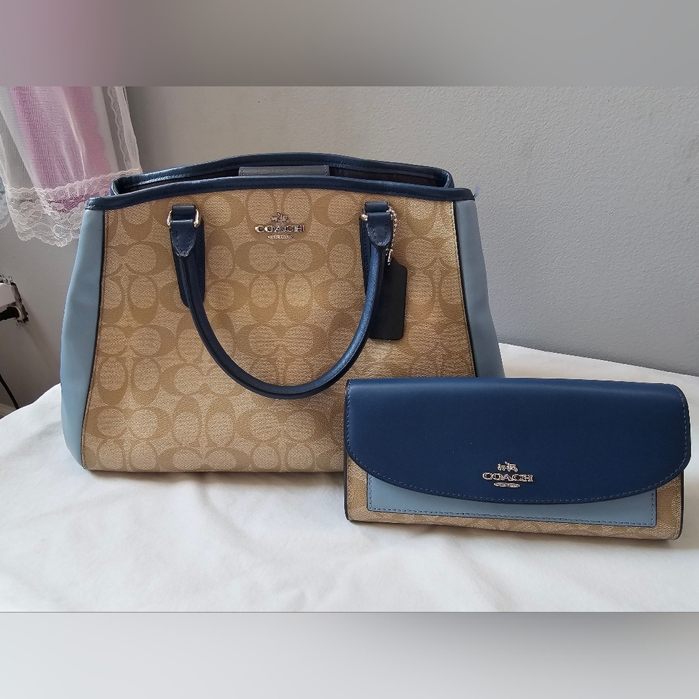 Coach Tan and Blue Signature Tote and Wallet Set